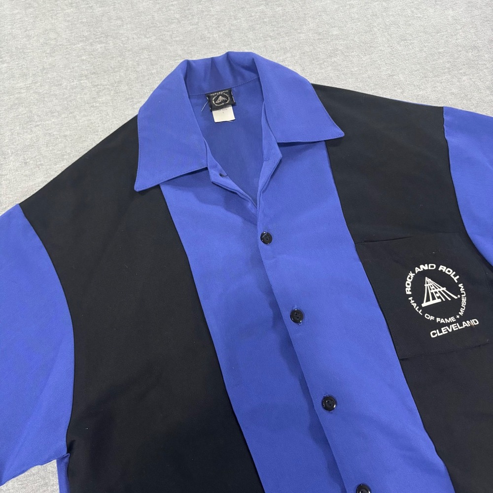 Rock and Roll Hall of Fame Cleveland Bowling Shirt Mens Small Blue Black Retro